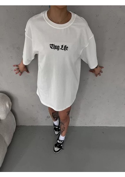 Unisex Bisiklet Yaka Baskılı Oversize T-Shirt - Beyaz