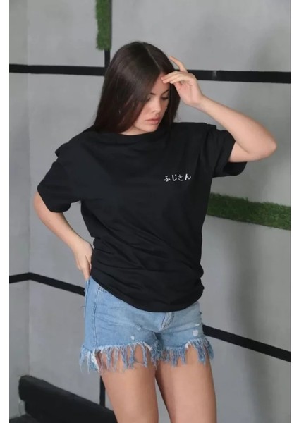 Unisex Bisiklet Yaka Baskılı Oversize T-Shirt - Siyah