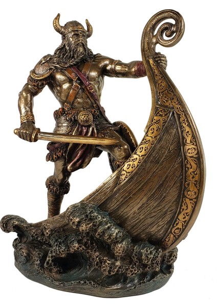 Knarr Gemisi Üstünde Iskandinav Viking Savaşçısı Biblo