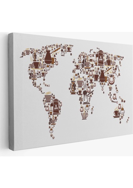 Kahve Coffee Temalı Dünya Haritası Dekoratif Kanvas Tablo 1087
