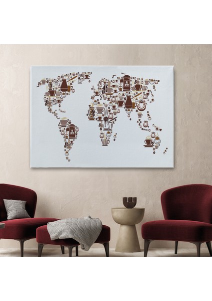 Kahve Coffee Temalı Dünya Haritası Dekoratif Kanvas Tablo 1087 fiyatları