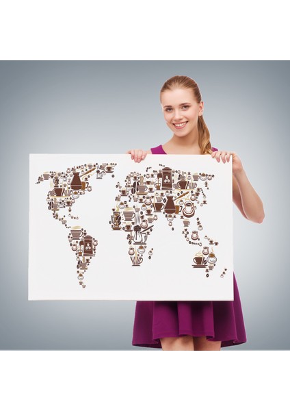 Kahve Coffee Temalı Dünya Haritası Dekoratif Kanvas Tablo 1087 fırsatları