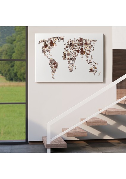 Kahve Coffee Temalı Dünya Haritası Dekoratif Kanvas Tablo 1087 indirimleri
