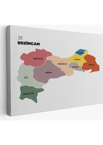 Erzincan Ili ve Ilçeler Haritası Dekoratif Kanvas Tablo 1334