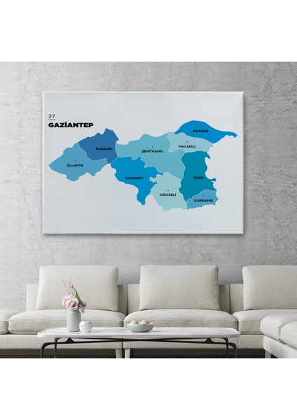 Gaziantep Ili ve Ilçeler Haritası Dekoratif Kanvas Tablo 1344 fiyatları