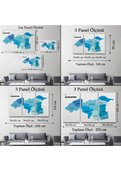 Gaziantep Ili ve Ilçeler Haritası Dekoratif Kanvas Tablo 1344 indirimleri