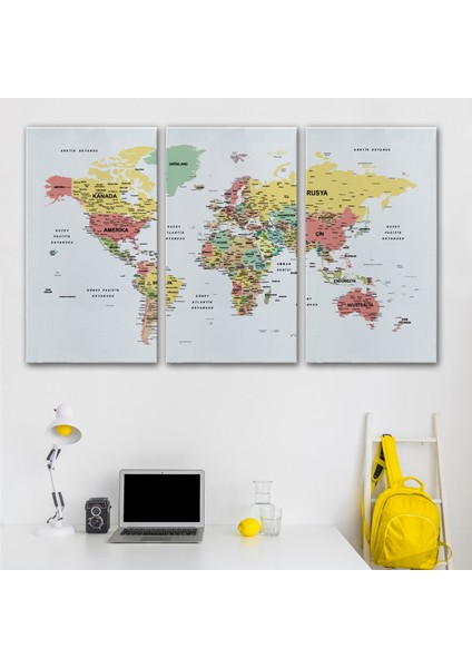 Türkçe Dünya Haritası Dekoratif Kanvas Tablo Son Derece Detaylı 1626 modelleri