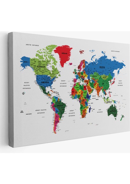 Türkçe Dünya Haritası Dekoratif Kanvas Tablo Son Derece Detaylı 1635