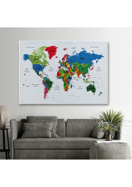 Türkçe Dünya Haritası Dekoratif Kanvas Tablo Son Derece Detaylı 1635 fiyatları