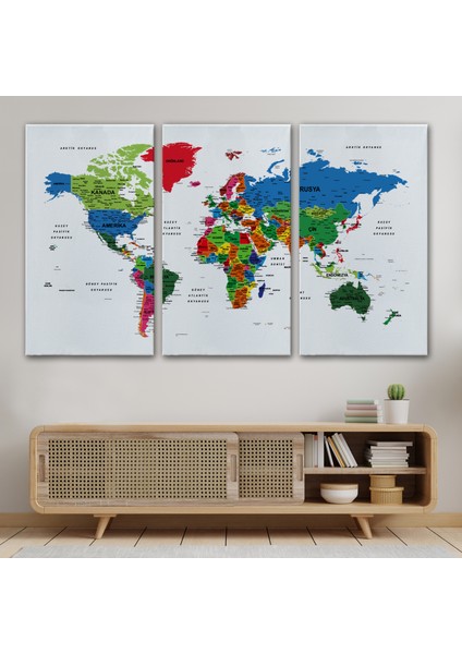 Türkçe Dünya Haritası Dekoratif Kanvas Tablo Son Derece Detaylı 1635 modelleri