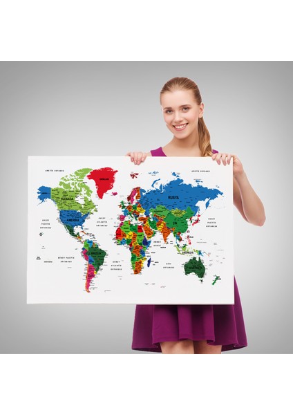 Türkçe Dünya Haritası Dekoratif Kanvas Tablo Son Derece Detaylı 1635 fırsatları