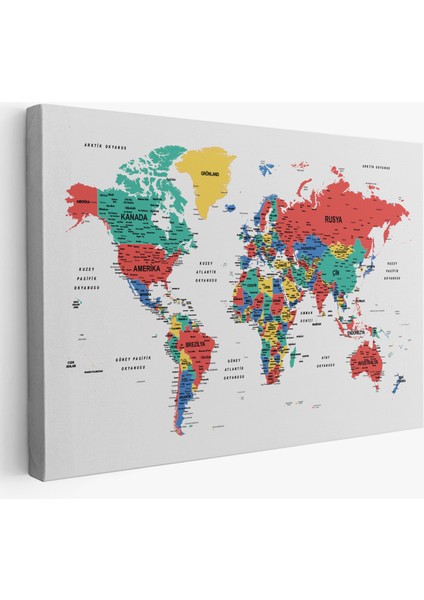 Türkçe Dünya Haritası Dekoratif Kanvas Tablo Son Derece Detaylı 1627