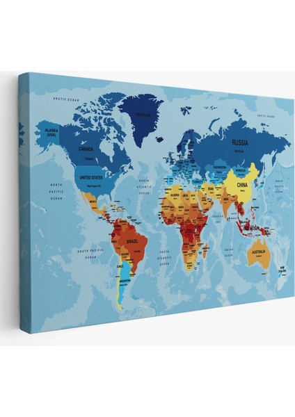 Dünya Haritası Ülke Başkentli Okyanuslu ve Dekoratif Kanvas Tablo 2195