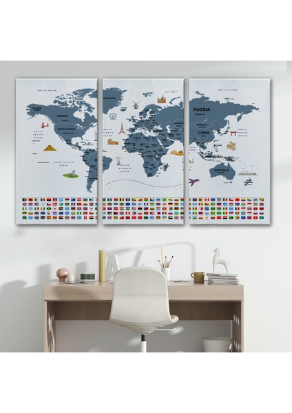 Dünya Haritası Ülke Bayraklı ve Başkentli Kanvas Tablo 1921 modelleri