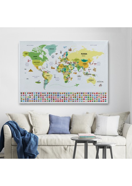 Dünya Haritası Ülke Bayraklı ve Başkentli Kanvas Tablo 1915 fiyatları
