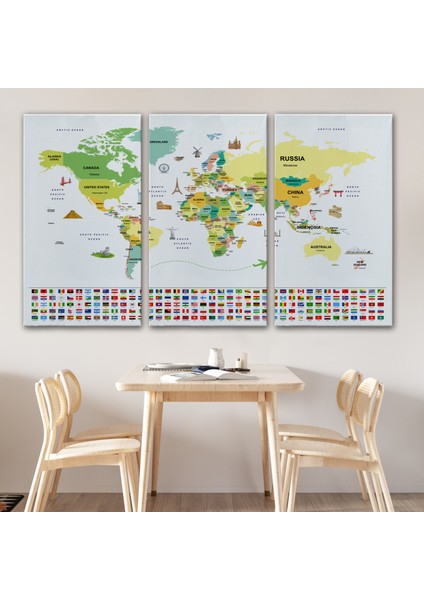 Dünya Haritası Ülke Bayraklı ve Başkentli Kanvas Tablo 1915 modelleri