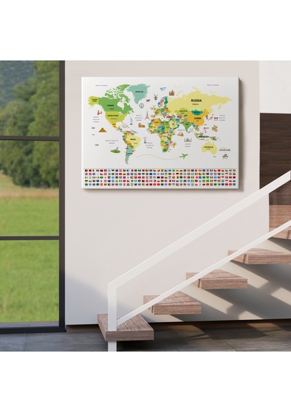 Dünya Haritası Ülke Bayraklı ve Başkentli Kanvas Tablo 1915 indirimleri