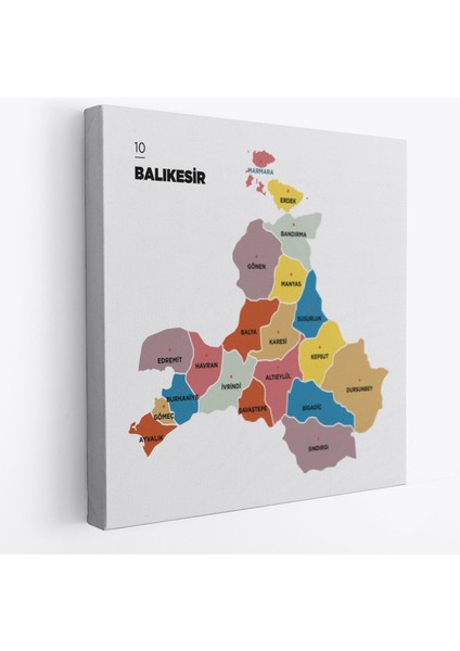 Balıkesir Ili ve Ilçeler Haritası Dekoratif Kanvas Tablo 1280
