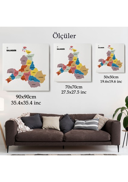 Balıkesir Ili ve Ilçeler Haritası Dekoratif Kanvas Tablo 1280 indirimleri