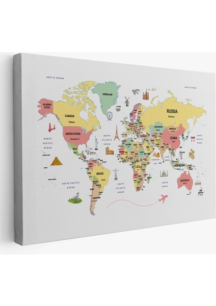 Dünya Haritası Dekoratif Kanvas Tablo Ülke ve Başkentli Öğretici ve Sembollü 2313