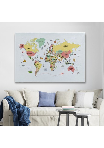 Dünya Haritası Dekoratif Kanvas Tablo Ülke ve Başkentli Öğretici ve Sembollü 2313 fiyatları