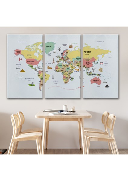 Dünya Haritası Dekoratif Kanvas Tablo Ülke ve Başkentli Öğretici ve Sembollü 2313 modelleri