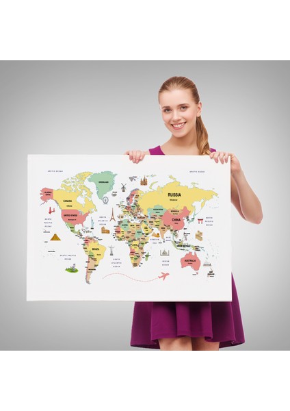 Dünya Haritası Dekoratif Kanvas Tablo Ülke ve Başkentli Öğretici ve Sembollü 2313 fırsatları