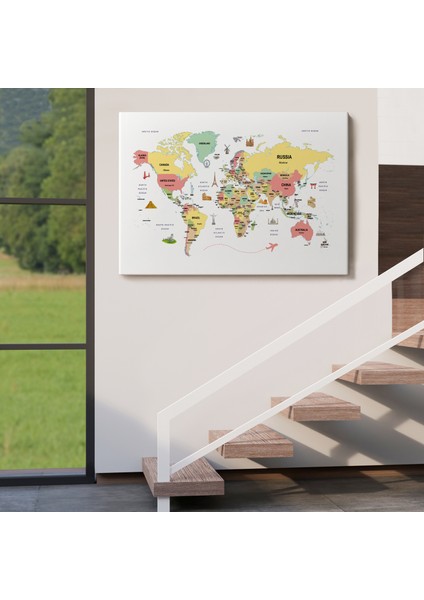 Dünya Haritası Dekoratif Kanvas Tablo Ülke ve Başkentli Öğretici ve Sembollü 2313 indirimleri