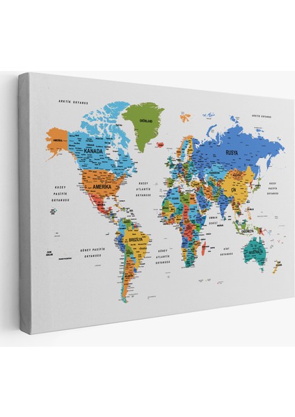 Türkçe Dünya Haritası Dekoratif Kanvas Tablo Son Derece Detaylı 1637
