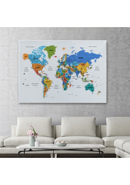 Türkçe Dünya Haritası Dekoratif Kanvas Tablo Son Derece Detaylı 1637 fiyatları