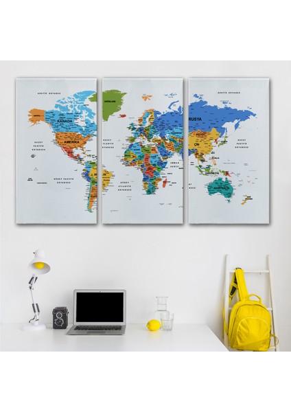 Türkçe Dünya Haritası Dekoratif Kanvas Tablo Son Derece Detaylı 1637 modelleri
