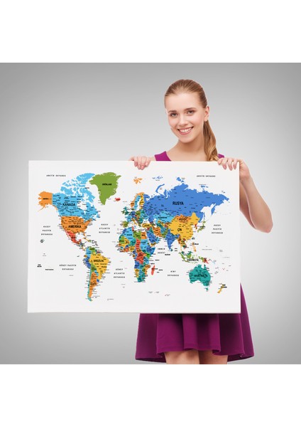 Türkçe Dünya Haritası Dekoratif Kanvas Tablo Son Derece Detaylı 1637 fırsatları