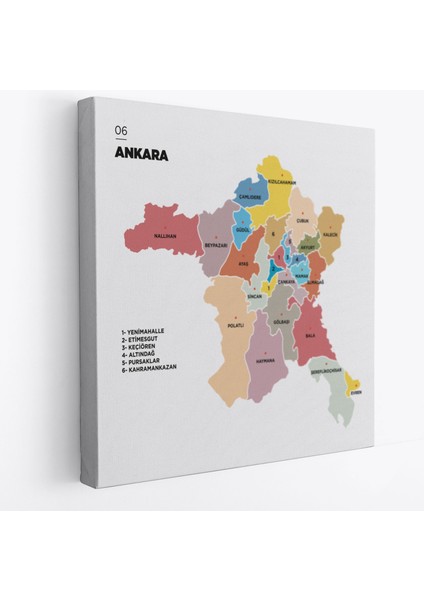 Ankara Ili ve Ilçeler Haritası Dekoratif Kanvas Tablo 1265