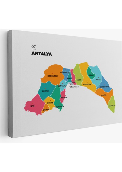 Antalya Ili ve Ilçeler Haritası Dekoratif Kanvas Tablo 1269