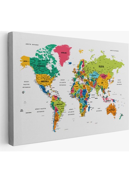 Türkçe Dünya Haritası Dekoratif Kanvas Tablo Son Derece Detaylı 1629