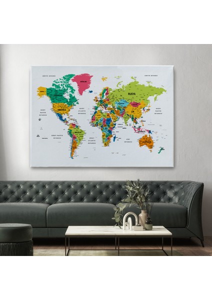 Türkçe Dünya Haritası Dekoratif Kanvas Tablo Son Derece Detaylı 1629 fiyatları