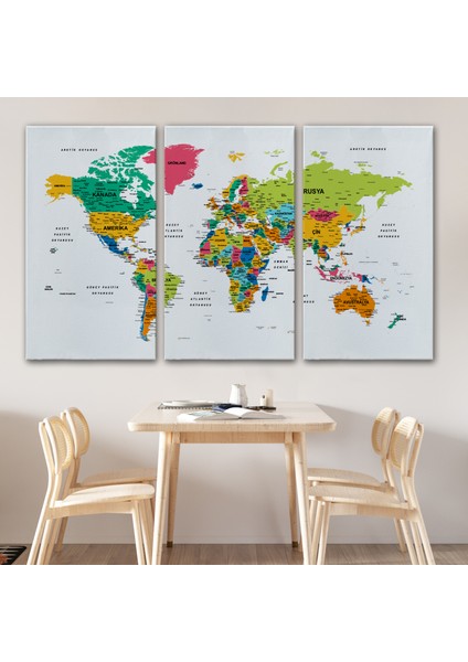 Türkçe Dünya Haritası Dekoratif Kanvas Tablo Son Derece Detaylı 1629 modelleri