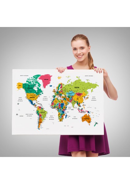 Türkçe Dünya Haritası Dekoratif Kanvas Tablo Son Derece Detaylı 1629 fırsatları