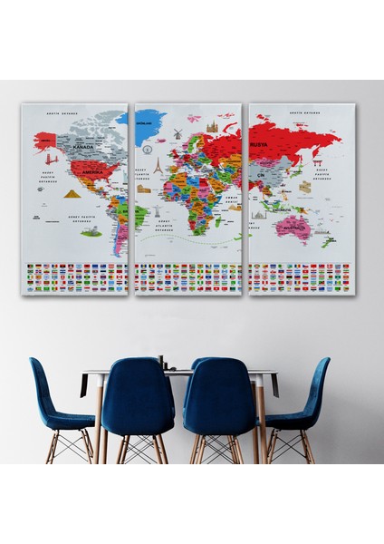Türkçe Dünya Haritası Ayrıntılı Eğitici Sembollü Bayraklı Dekoratif Kanvas Tablo 2884 modelleri