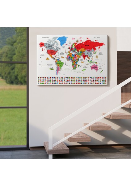 Türkçe Dünya Haritası Ayrıntılı Eğitici Sembollü Bayraklı Dekoratif Kanvas Tablo 2884 indirimleri