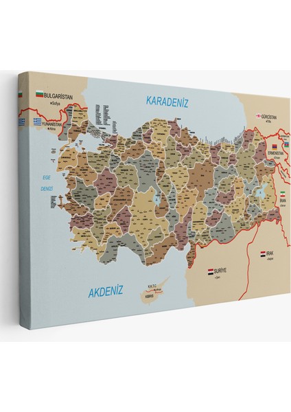 Türkiye Haritası Kanvas Tablo Il ve Ilçeli Ayrıntılı Eğitici Komşulu Tablo 3022