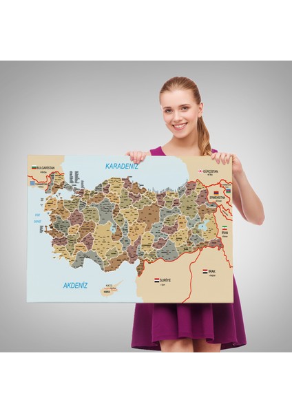 Türkiye Haritası Kanvas Tablo Il ve Ilçeli Ayrıntılı Eğitici Komşulu Tablo 3022 fırsatları