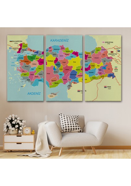 Türkiye Haritası Kanvas Tablo Sınır Komşulu Eğitici Dekoratif Tablo 3080 modelleri