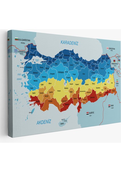 Türkiye Haritası Kanvas Tablo Sınır Komşulu Eğitici Dekoratif Tablo 3082