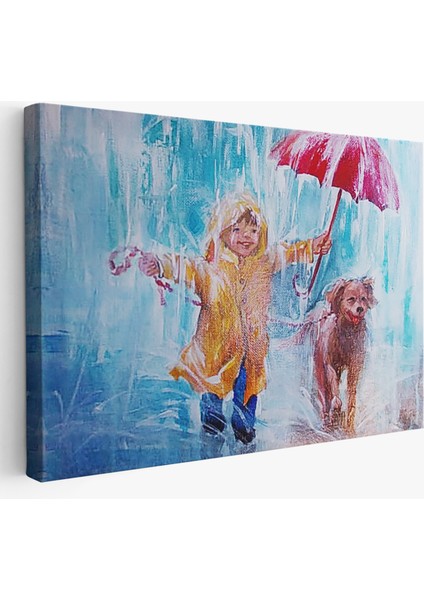 Yağmurda Köpeğini Gezdiren Cocuk Yağlıboya Görünümlü Kanvas TABLO-3454