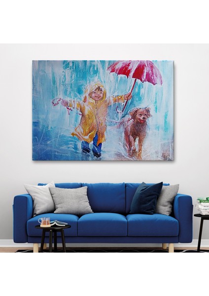 Yağmurda Köpeğini Gezdiren Cocuk Yağlıboya Görünümlü Kanvas TABLO-3454 fiyatları