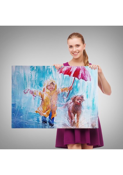Yağmurda Köpeğini Gezdiren Cocuk Yağlıboya Görünümlü Kanvas TABLO-3454 fırsatları