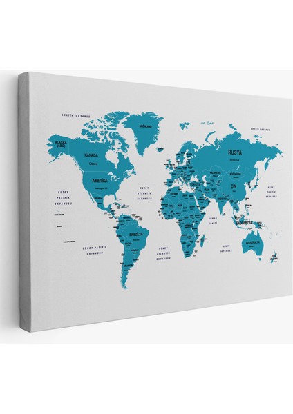 Türkçe Dünya Haritası Dekoratif Kanvas Tablo Ülke ve Başkentli 1502