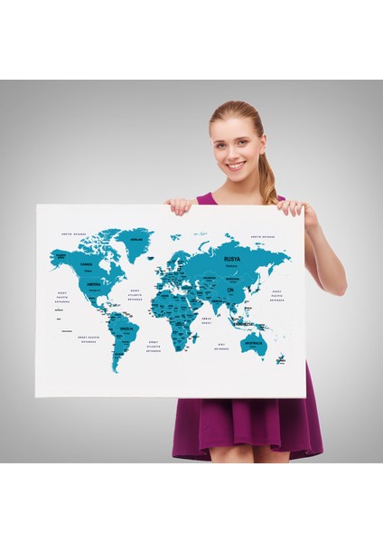 Türkçe Dünya Haritası Dekoratif Kanvas Tablo Ülke ve Başkentli 1502 fırsatları