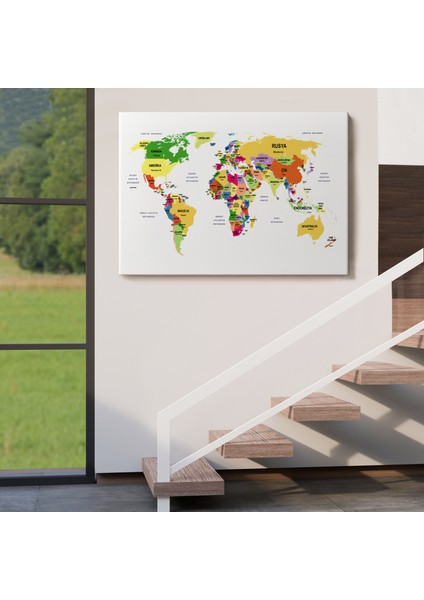 Türkçe Dünya Haritası Dekoratif Kanvas Tablo Ülke ve Başkentli 1512 indirimleri